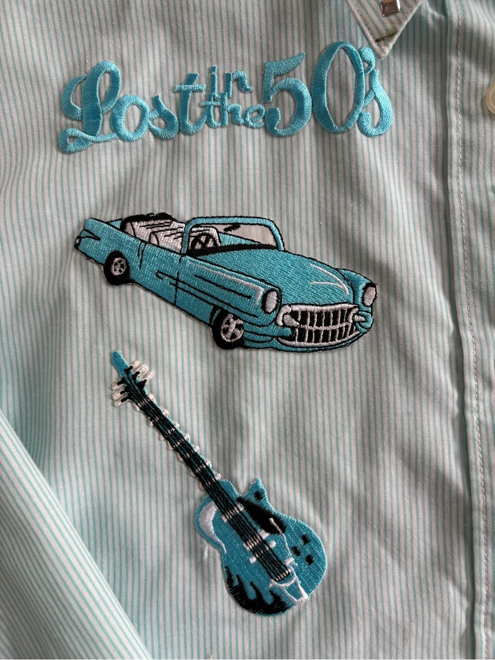 Las Olas Blue and White Stripe 50's Theme Button Up Shirt Retro Artsy Size XL - Picture 4 of 16